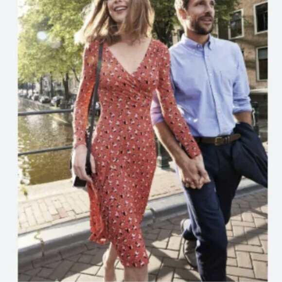 Boden Georgia Floral Midi Dress Jersey Faux Wrap Ruched Red Surplice V-Neck 8L - Picture 1 of 15